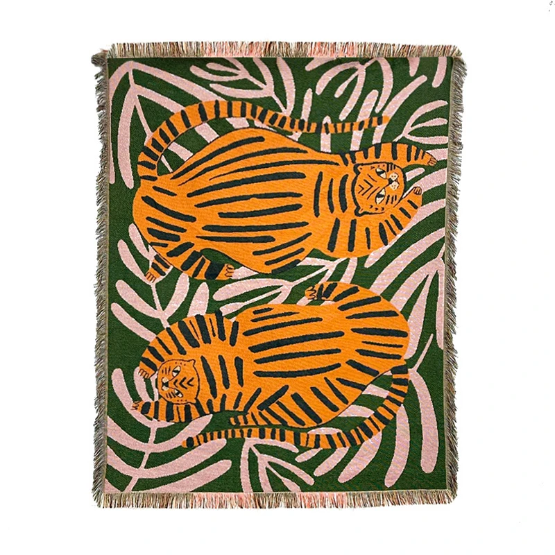 

Cute Two Tigers Sofa Bed Throw Blanket with Tassel Portable Picnic Rug Outdoor Camping Mat Art Tapestry Wall Hanging for Bedroom