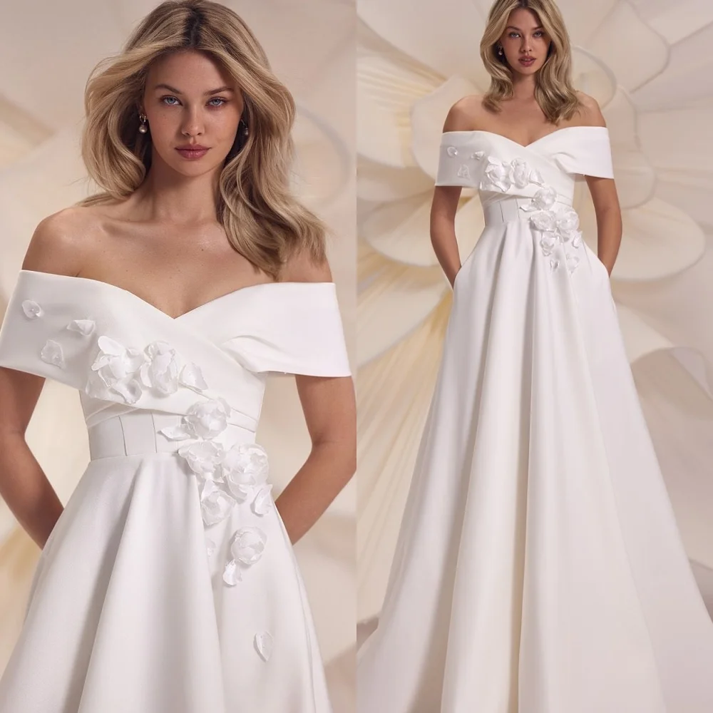 

Customized Classic Lace Up Back Wedding Dresses for Woman Off the Shoulder Bridal Gowns Charming Flowers Wedding Party Dresses