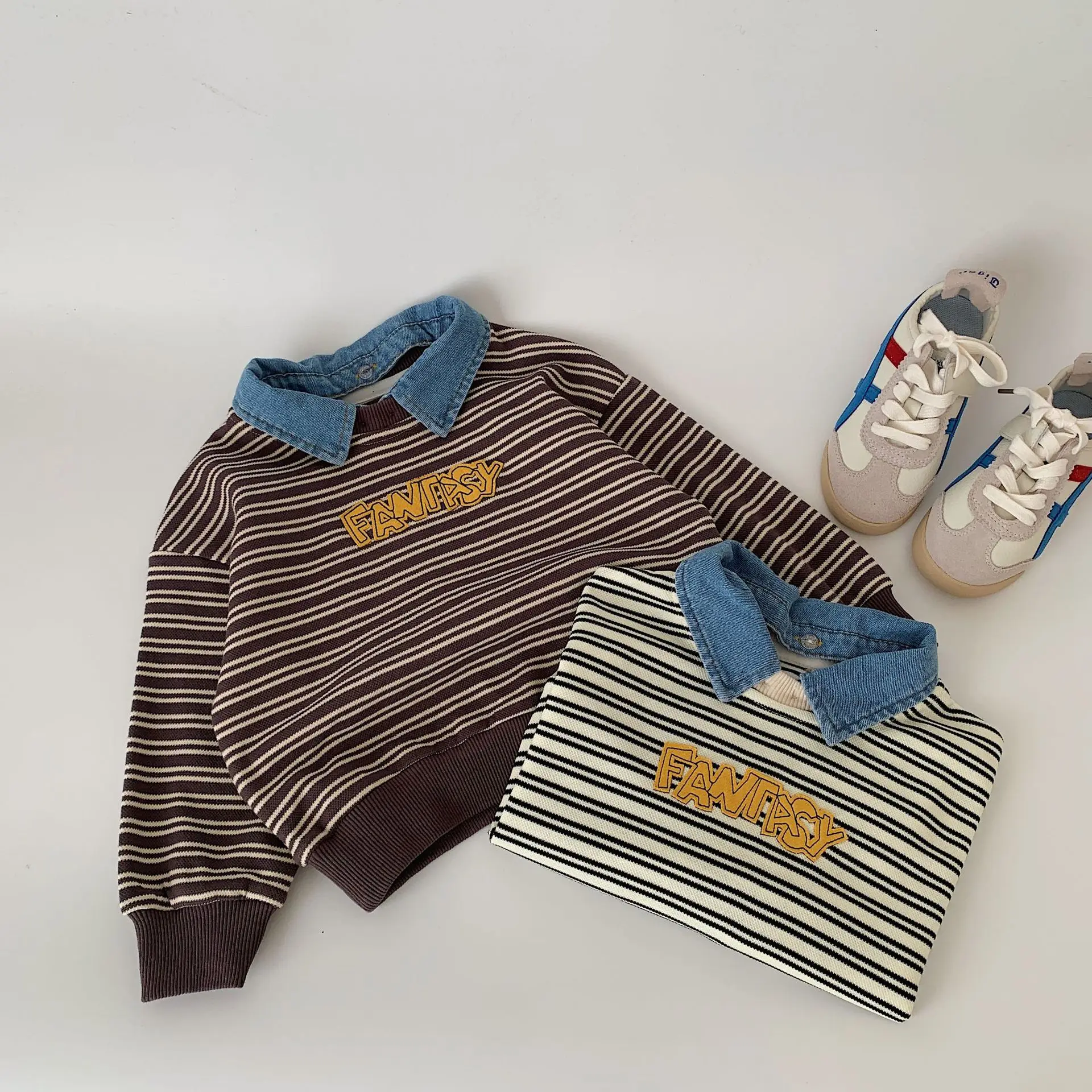 Baby Boys Demin Sweatshirt Kids Striped Pullover Letter Hoodies 2025 Spring Autumn Children's Clothing Korean Style