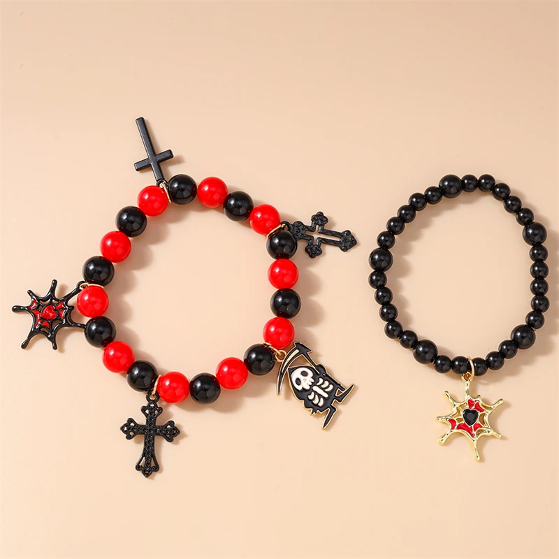2 Stück/Set, modisches, handgefertigtes Armband mit Perlen für Damen, Halloween-Spinnen- und Kreuzanhänger, Armbänder für Mädchen, Party- und Festivalschmuck, Geschenk. – Detail 8