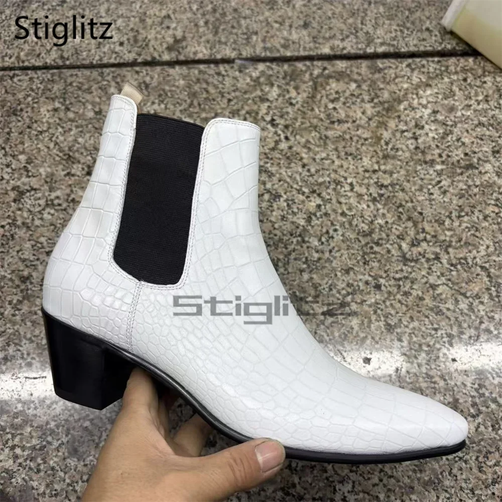 

Мужские ботинки челси из кожи аллигатора, ботильоны на остром каблуке 6 см, британские эластичные туфли без шнуровки из натуральной кожи на высоком каблуке