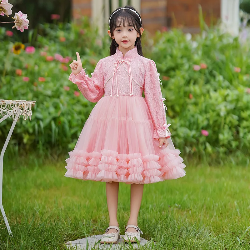 Robe de demoiselle d'honneur de style chinois pour enfants, tutu en maille de dentelle princesse, robe de mariage, robe de fête de Noël, cadeau d'anniversaire pour filles, 03 robes