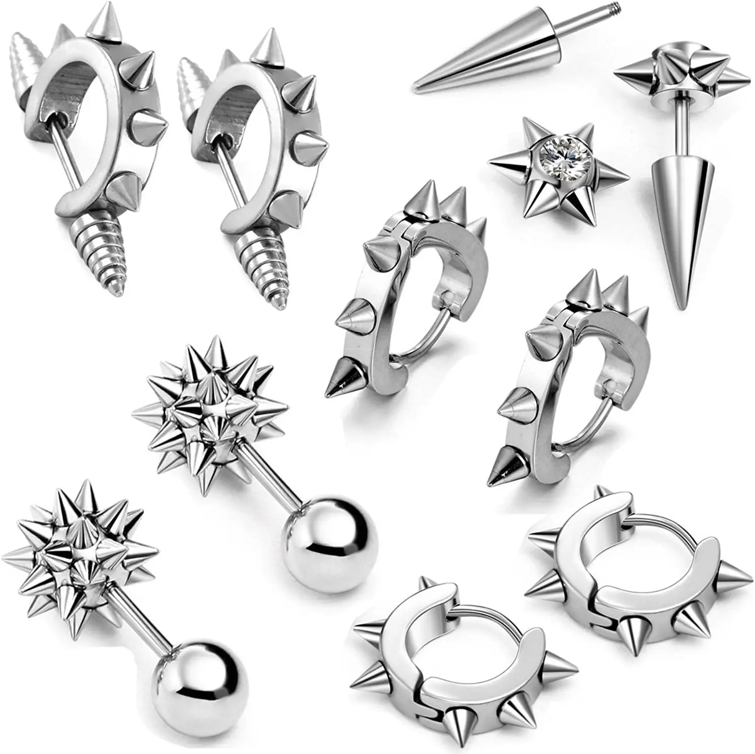 

10PCS Stainless Steel Stud Earrings - Silver Brushed Finish - Hypoallergenic - Cubic Zirconia - Wedding Gift