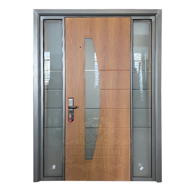 

High Quality Insulated Custom-Made Aluminum Material Wooden Grain Front Security Door With Sidelights