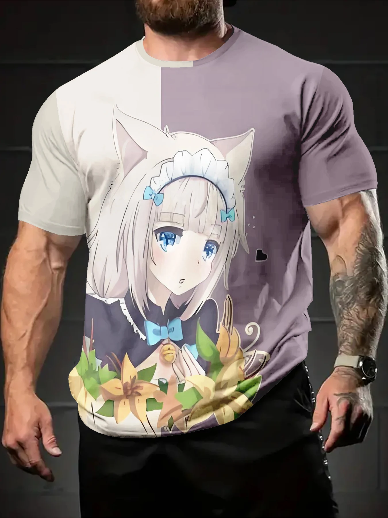 Two Tone Panel Cartoon Character Lily Flower Print Men Casual Short Sleeve Tee