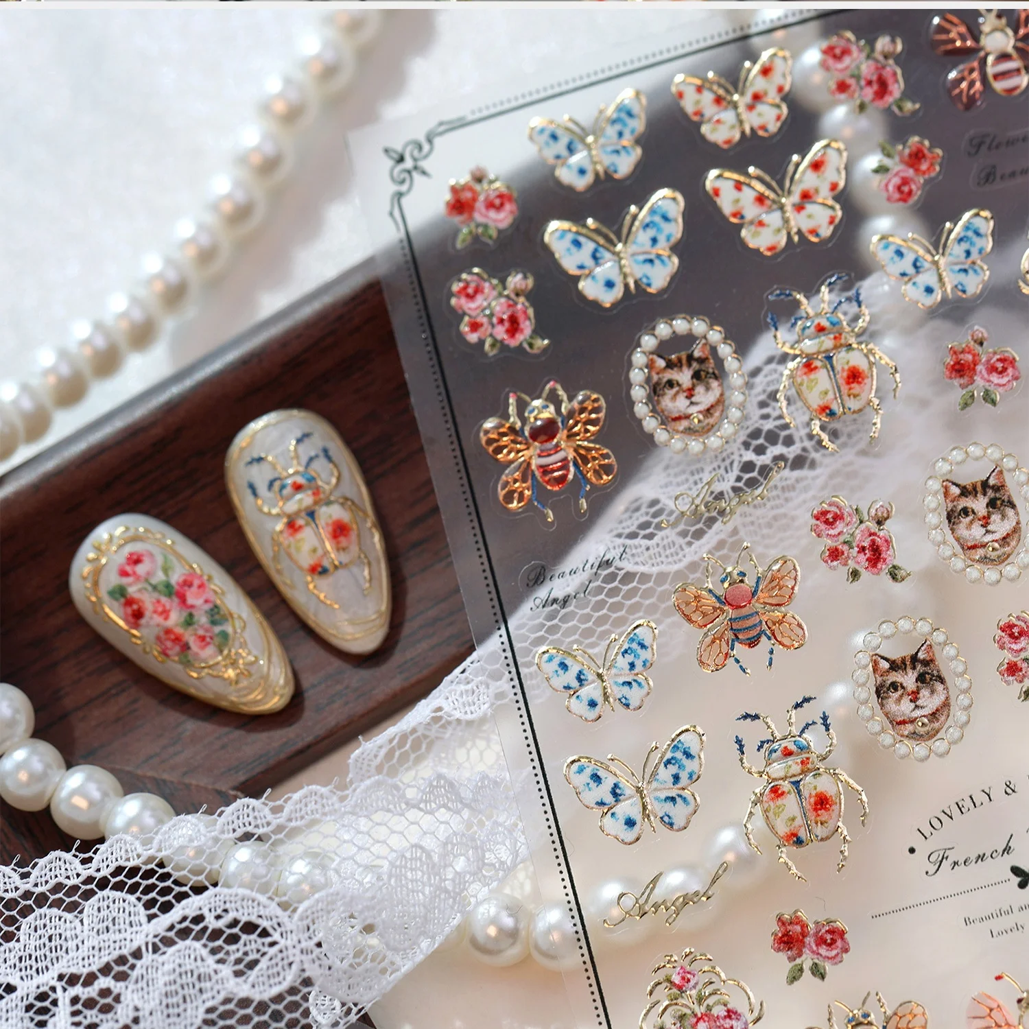 Elegant French Vintage 5D Nail Stickers Oil Painting Cat Butterfly Ladybug Beetle Rose Floral Animal Frame Embossed Manicure