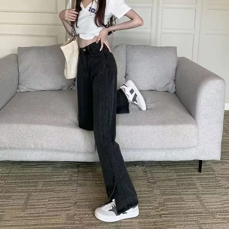 Jeans coreani da donna con spacco frontale vintage retrò tutto-fiammifero street style casual tasca primaverile vita alta trendy solido basic dritto