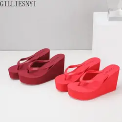 High-heeled Shoes Lady House Slippers Platform Slides Low on A Wedge Rubber Flip Flops Summer New Clogs Woman Candy Colors10CM