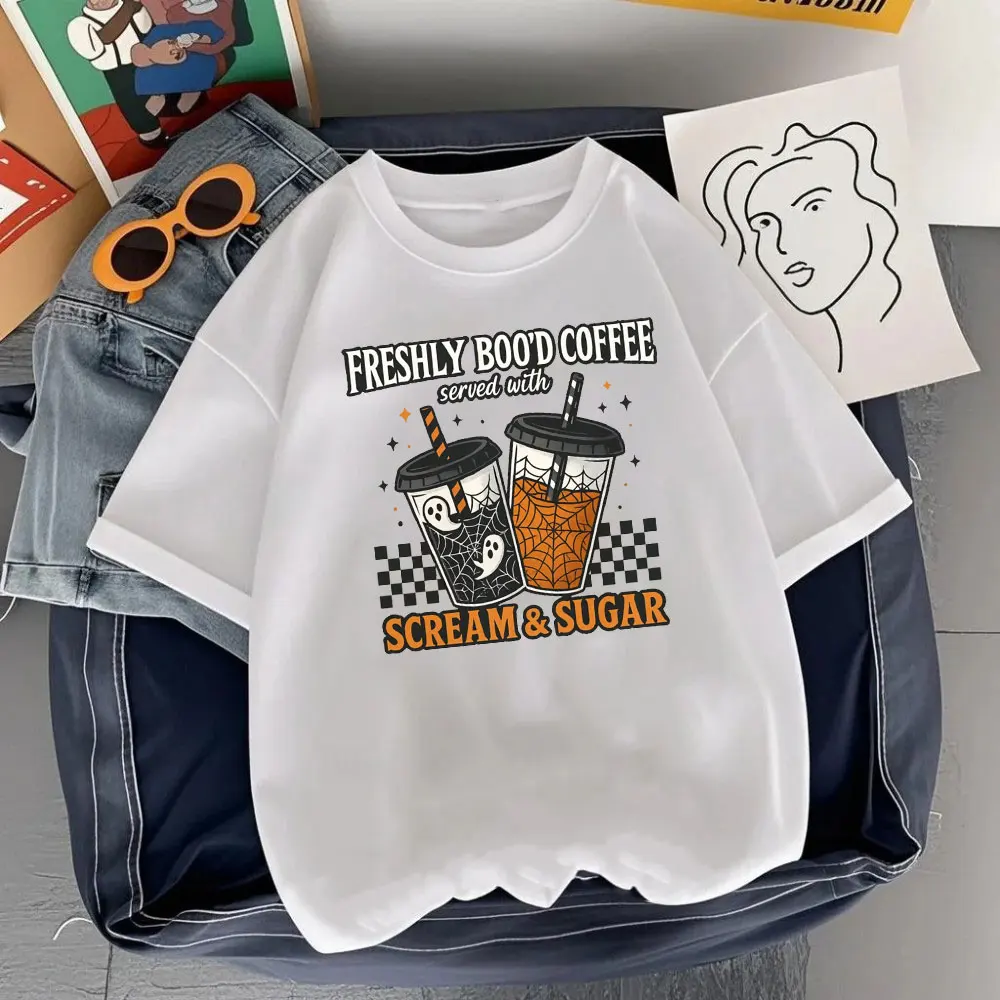 Halloween Freshly Boo’d Coffee Shirt Halloween Spooky Season Shirt Halloween Coffee Lover Shirt O-neck Streetwear Tops