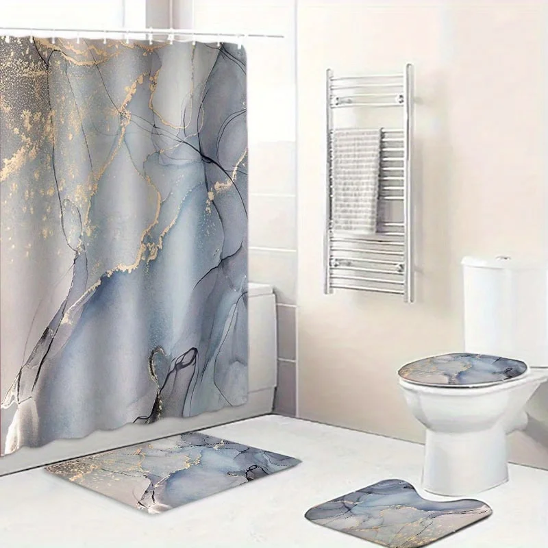 

4-piece grey and gold marble texture print bathroom set, including shower curtain, mat, toilet seat cover, U-shaped mat