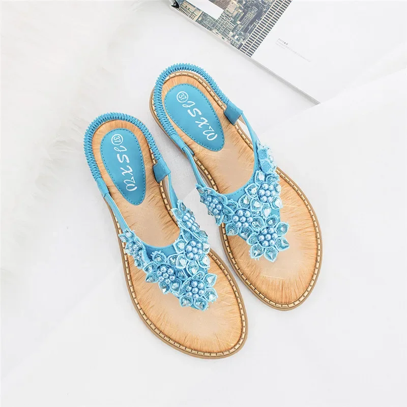 YAERNI Women Sandals New Fashion Bead Flower Round Toe Flip-flop Sandals Female Trend Summer Shoes Woman Plus Size 36-42