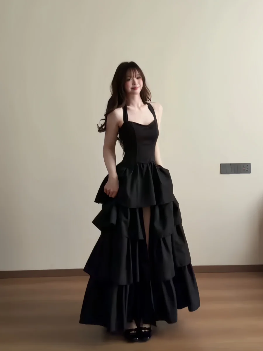 plus Size Women's Black Princess Dress Spring New Style Uneven Hemline Sling Strap Waist Cinched Flared Skirt Elegant Casual