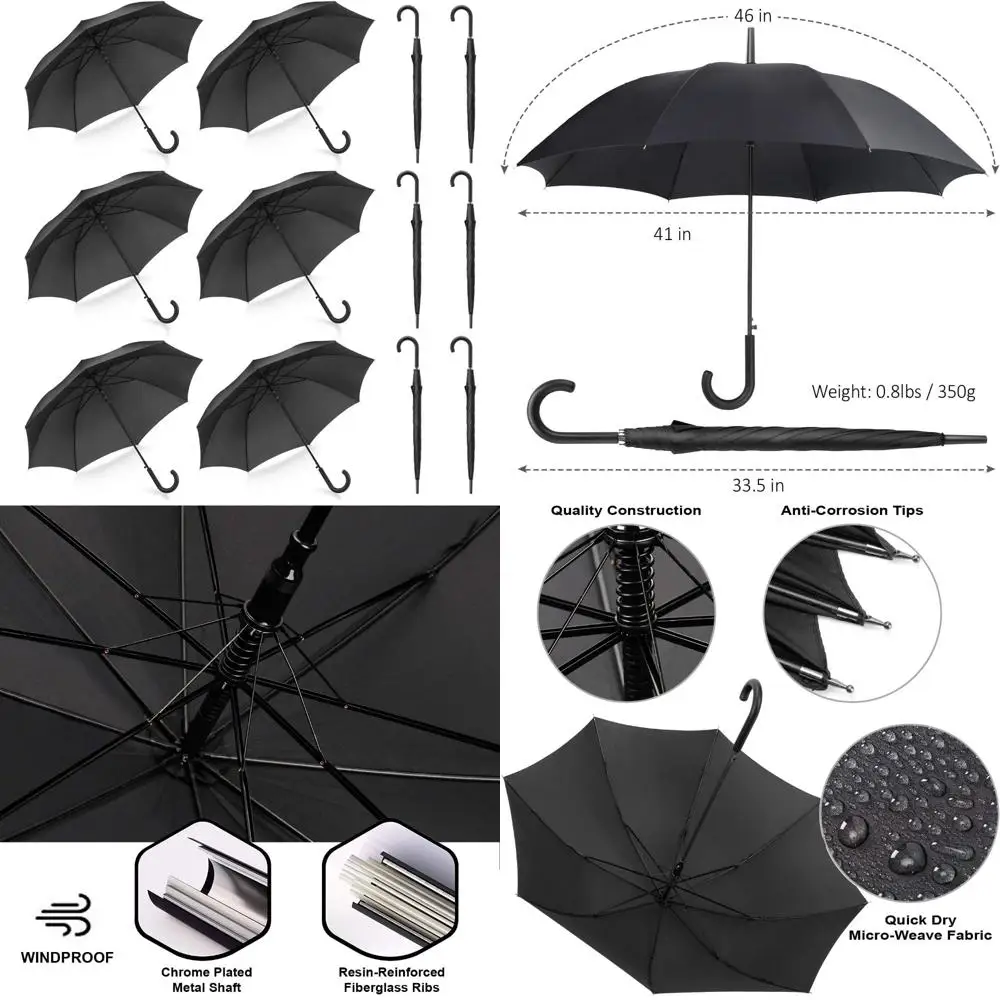 

Large Windproof Auto Open Stick Umbrellas with J Hook Handle - 12 Pack for Parties and Events, Matte Black Finish