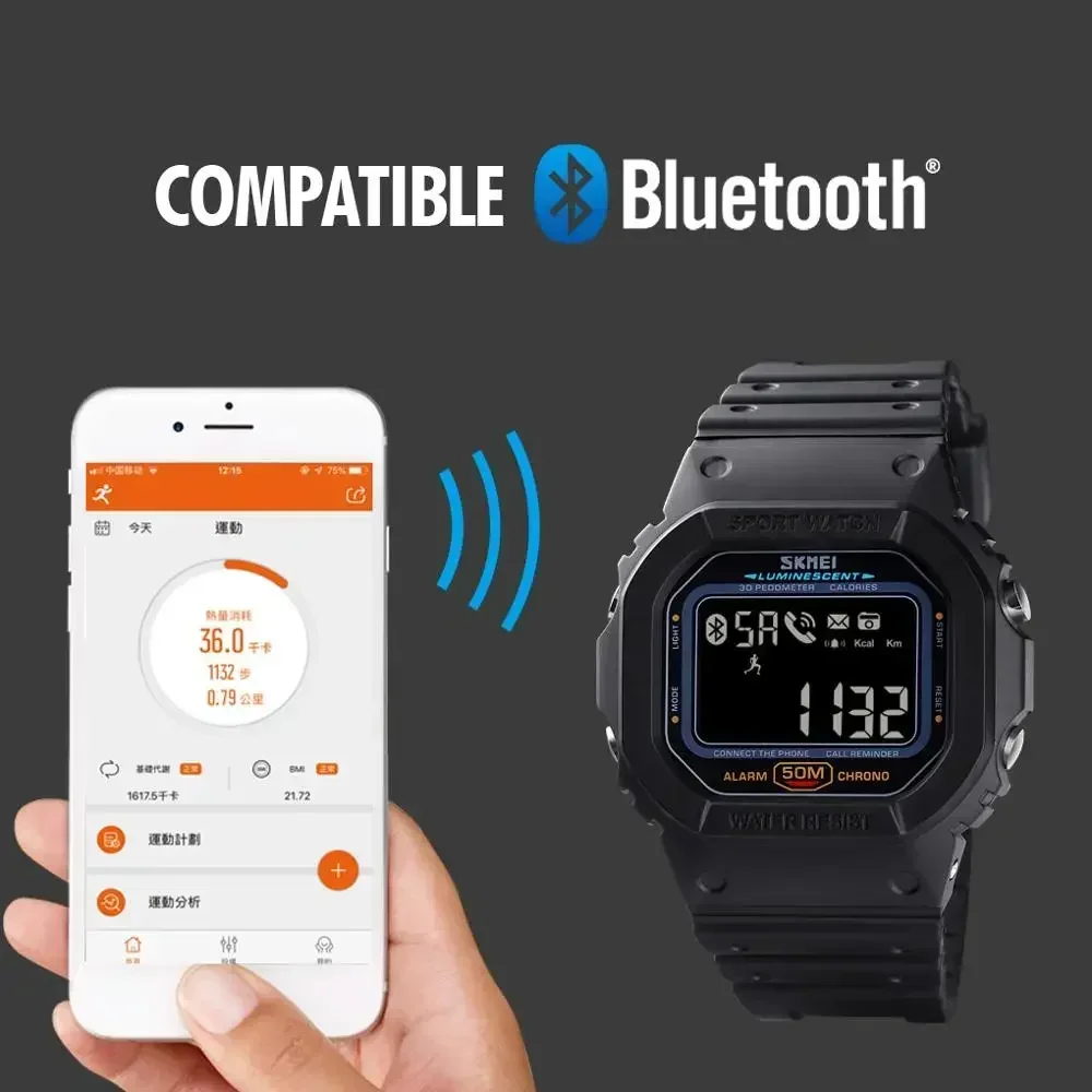 SKMEI-Montre numérique de sport pour homme, podomètre, tracker de calories, montre-bracelet Bluetooth, iPhone, Huawei, Xiaomi, homme, 1629