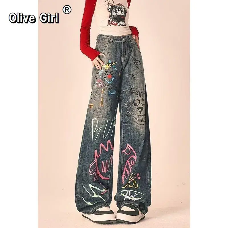 Olivegirl Denim Jeans Y2k American Retro High Street Trousers Graffiti Pants 2026 Men Women Niche Loose Casual Wide Leg Pants
