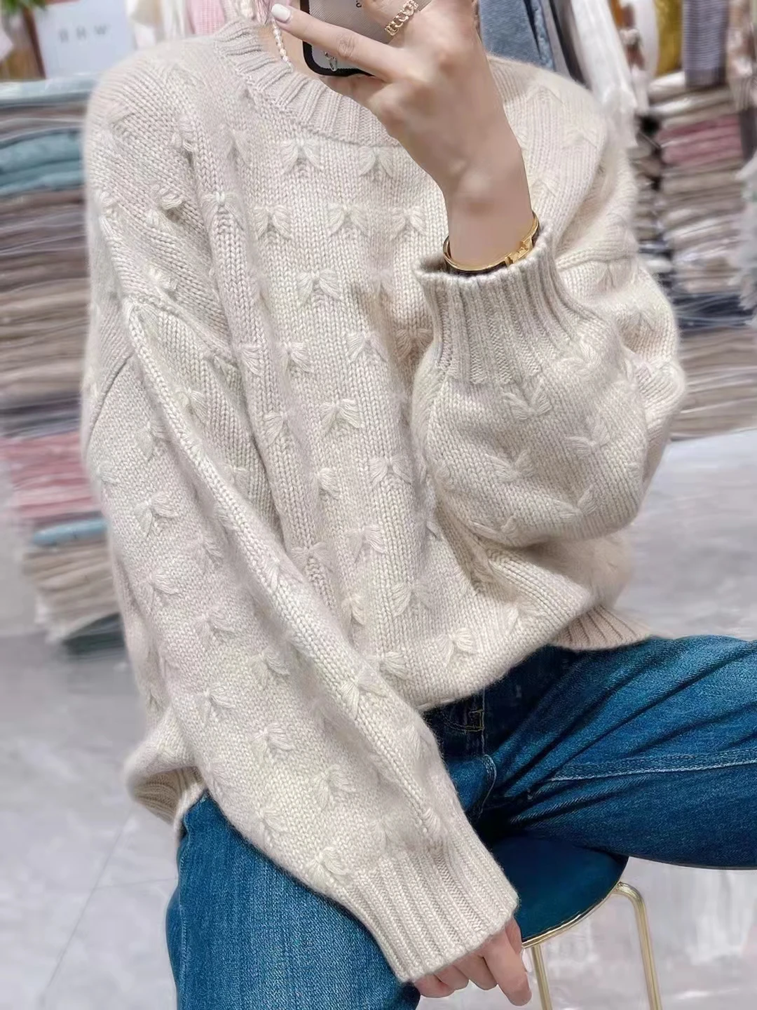 

Autumn and winter new crocheted round neck sweater women's loose twisted fashion temperament knitted cashmere sweater plus size