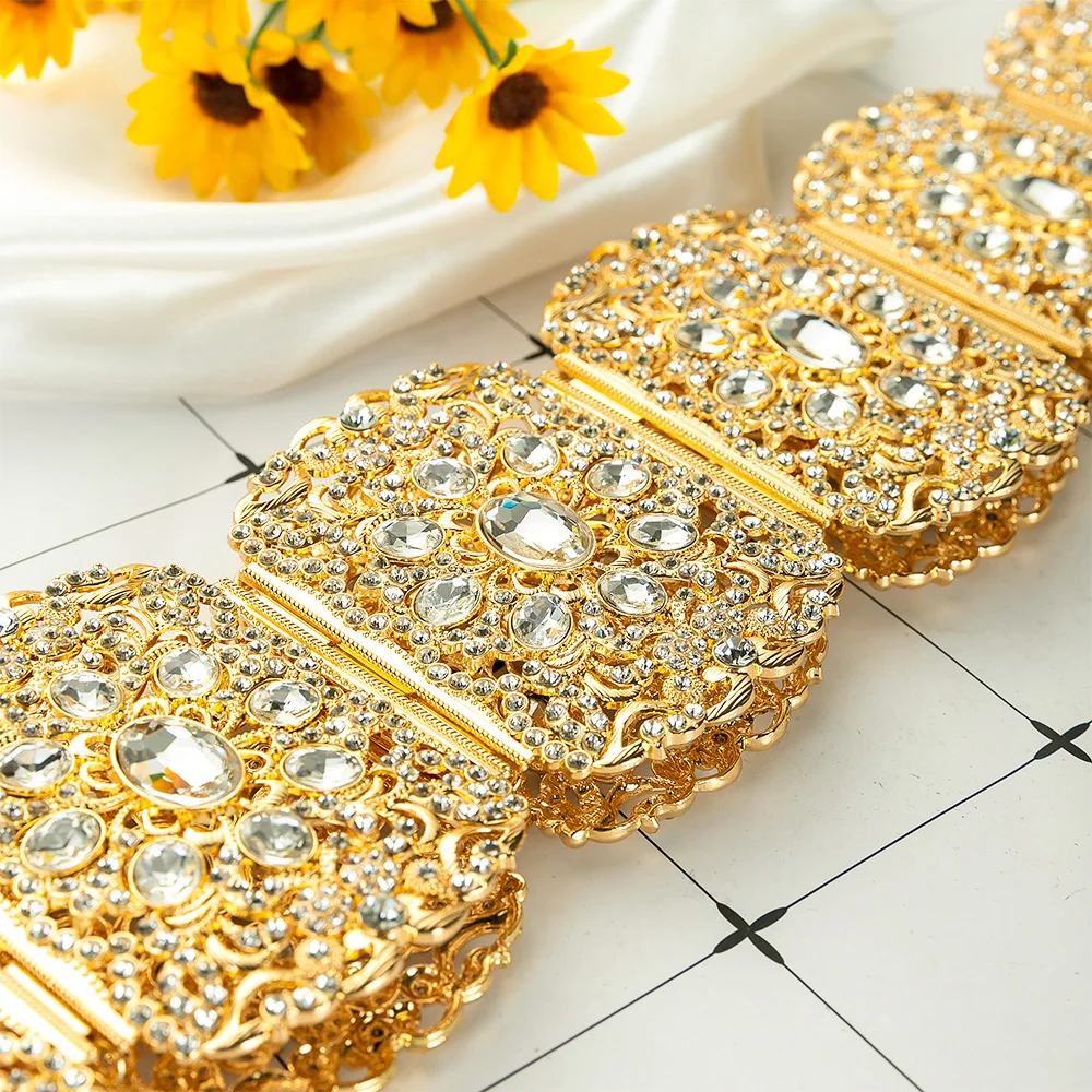 Luxury Wedding Bride Rhinestone Belt Jewelry Big Size Full Crystal Waist Chain Shiny Metal Gold Body Chain Ornaments Gife