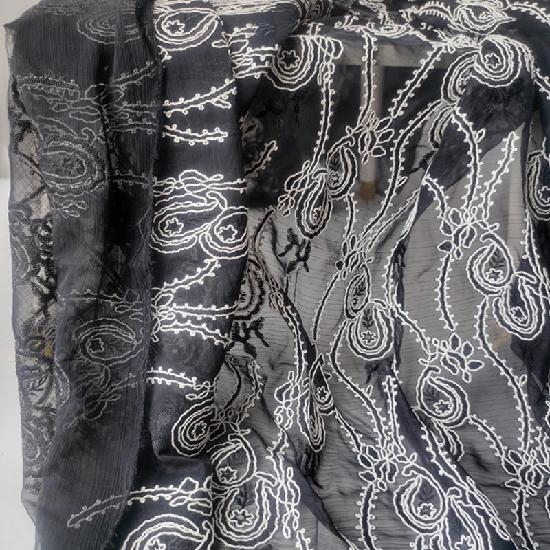 Black Phoenix Tail Cotton Thread Circle Embroidery Mesh Fabric New Chinese Hanfu Translucent Shirt Clothing Designer Fabric