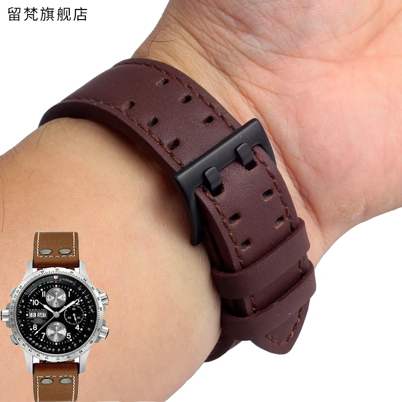 Retro Rivets Genuine Leather Watch Band For Hamilton H760250 Khaki Aviation Field watch straps Men\'s Bracelet 20mm 22mm