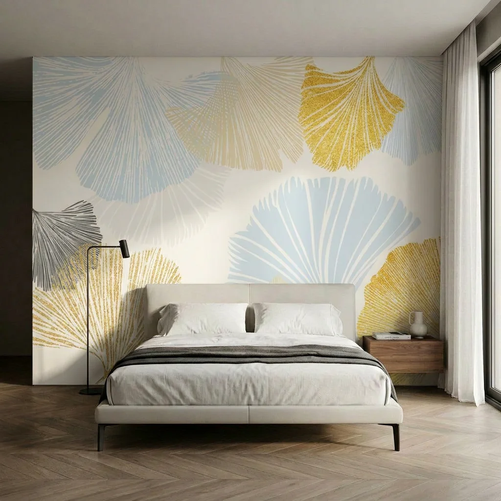 Abstract ginkgo leaves, Nordic natural style, artistic accent for living room sofa background, self-adhesive material.