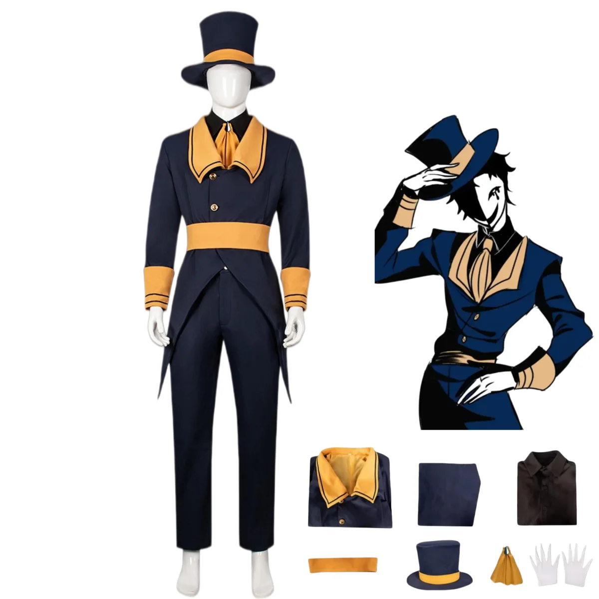 Disfraz de Cosplay de Inspector de Juegos de Terror, Traje de Payaso Azul Oscuro con Frac, Camisa, Sombrero y Uniforme para Adultos, Hombre y Mujer, Disfraz de Halloween