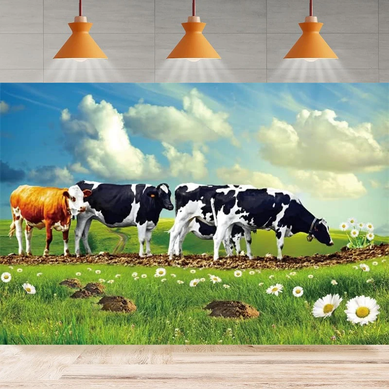 Cows Pasture Photography Background Spring Grassland Daisy Natural Landscape Prairie Herd Cows Party Backdrop Wall Banner Decor