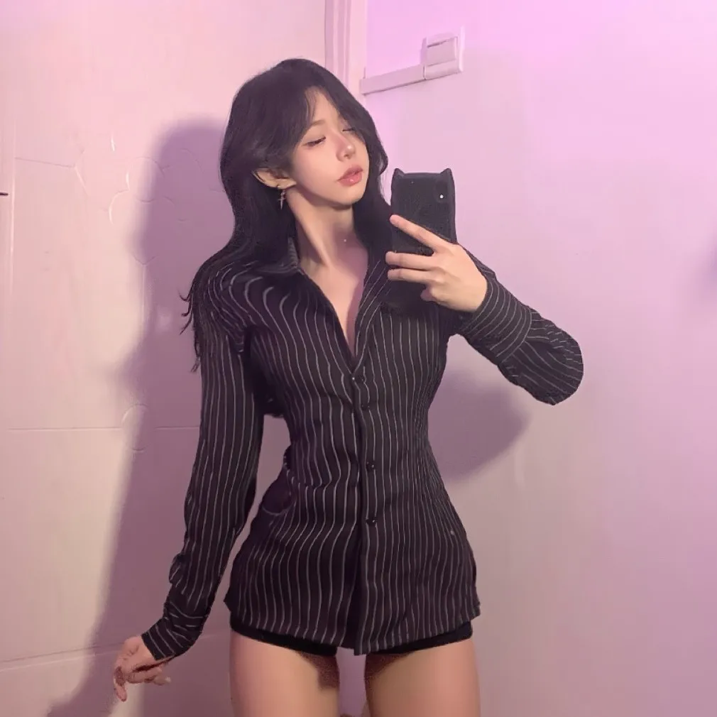 

Рубашки с длинным рукавом, женские полосатые повседневные тонкие рубашки в корейском стиле для девочек, офисные женские профессиональные стильные рубашки в стиле Харадзюку, офисная одежда, сексуальные модные