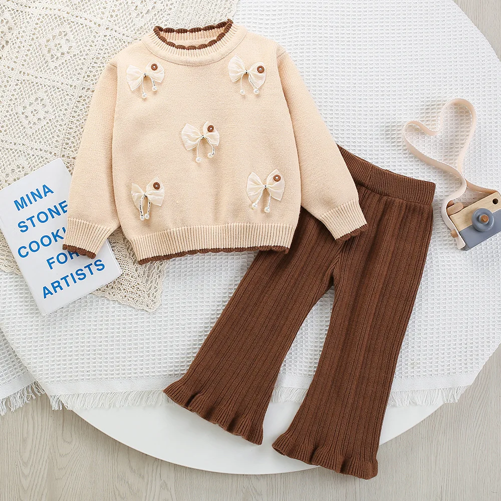 

Korean Autumn Bow Sweater Outfits Children Girls Knitwear Pullovers+solid Flare Pants Suits 1-6Y Trendy Kids Girls 2PCS Clothing