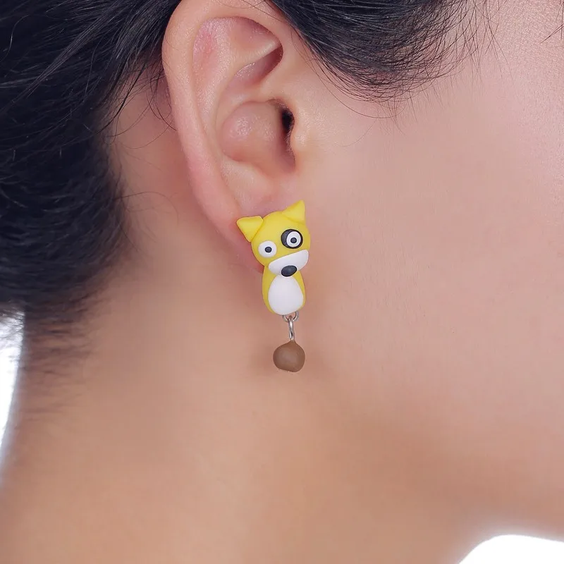 Handmade Yellow Puppy Dog Polymer Clay Stud Earrings For Women Cute 3D Animal Front Back Ear Jackets Kawaii Pet Doggy Brincos