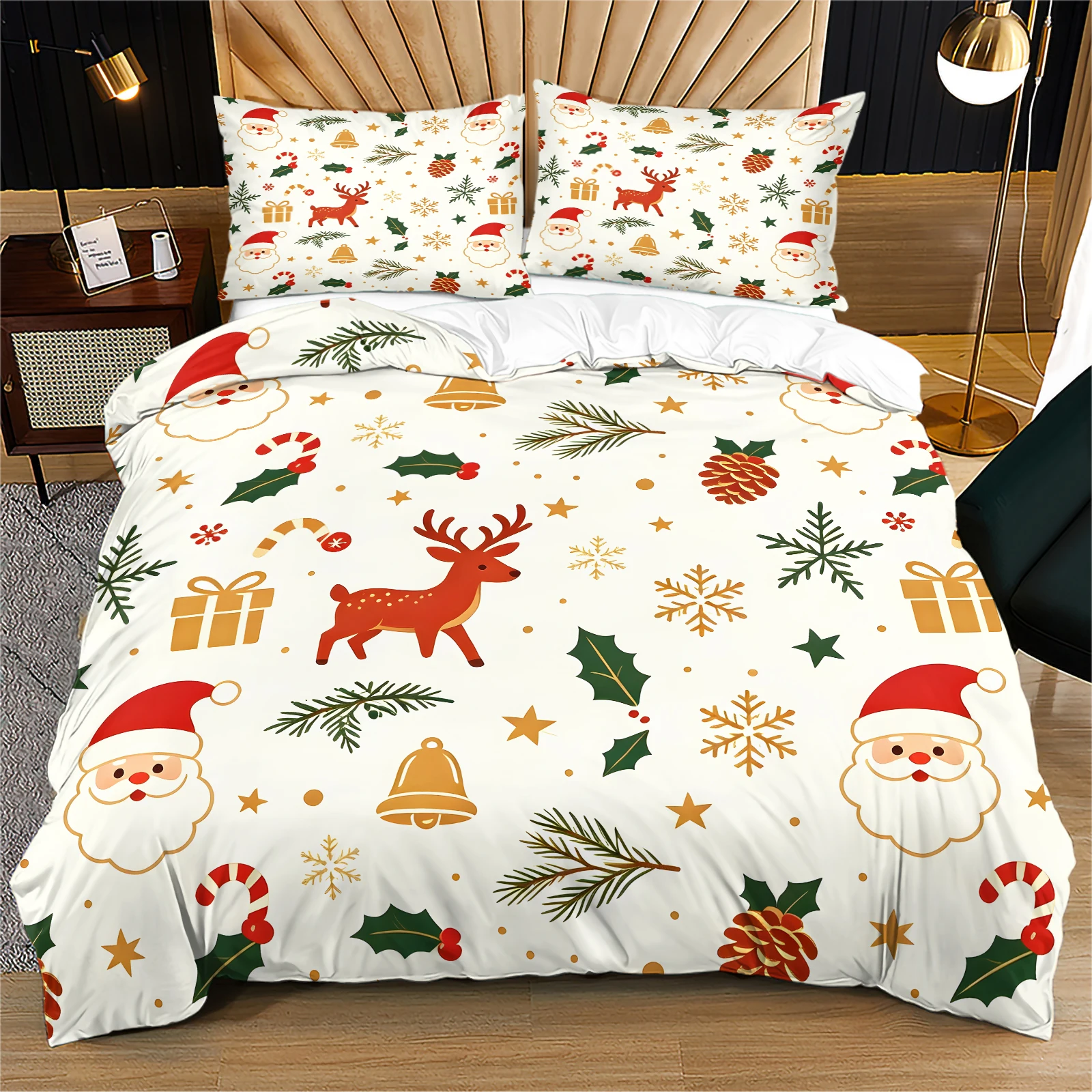 Christmas Duvet Cover Set Santa Claus Reindeer Bell Gift Snowflake Print Bedding Set Soft Breathable Quilt Cover With Pillowcase