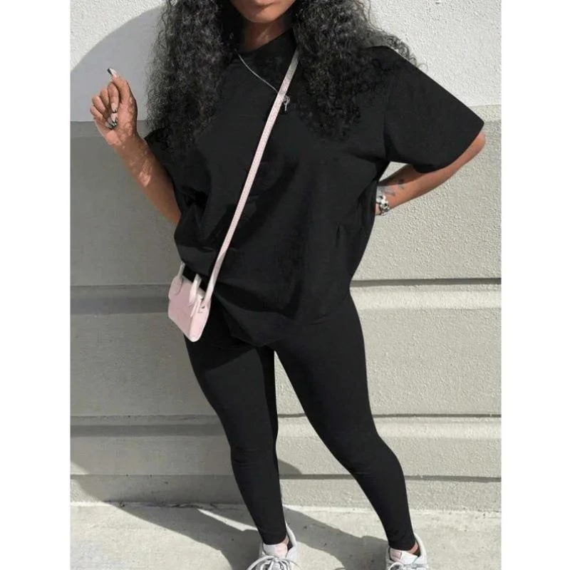 

L 44789 Women's Color round Ne Long Sve Top 2-Piece Set Simple Sli Casual Sportswear Autumn Seven Sve Length