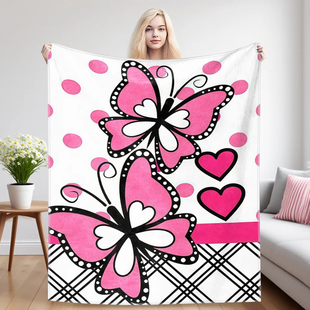 Pink Butterfly Checker Mix Flannel Luxury Blanket, Lightweight And Comfortable Woolen Blanket, Ultra-Fine Fiber