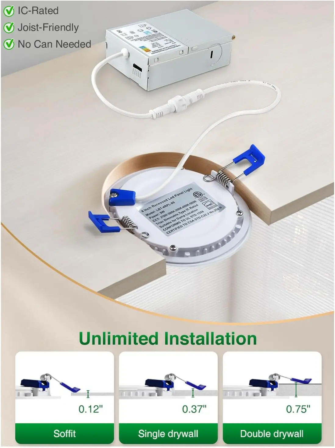 Zouzai-Plafonnier LED Encastrable Ultra-Mince avec ShuBox, 5 ct, 6 Pouces, 2700K, 3000K, 3500K, 4000K, 5000K Sélectionnable, 12 Paquets