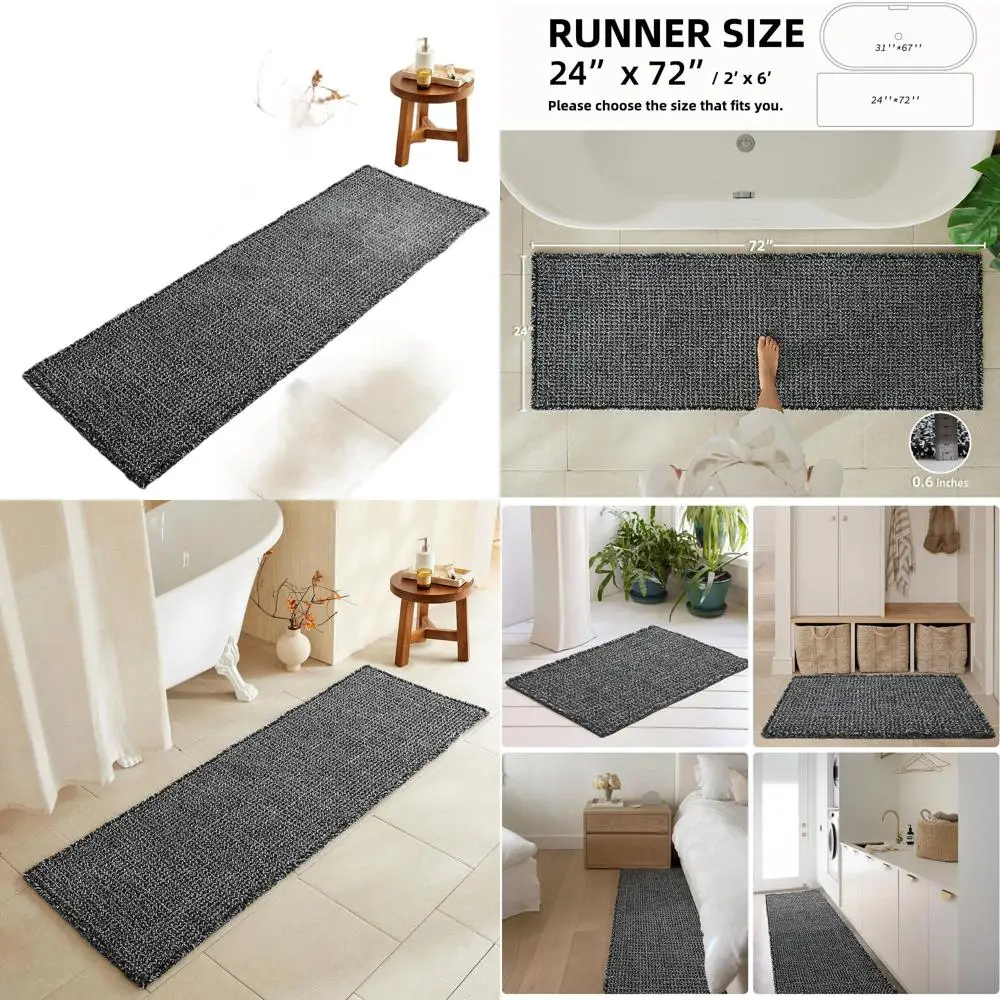 

Black & White Waffle Weave Runner Rug, Non-Slip, Washable, Absorbent, Quick-Dry, 72x24, Boho Farmhouse Bath Decor