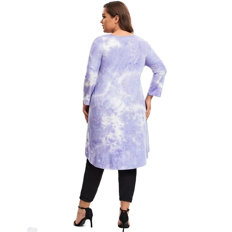 Plus Size Long Sleeve Elegant Tie Dye Tunic Tops Long Loose Autumn Hi Low Swing Blouse T-shirt Plus Size Clothing Women 6XL 7XL