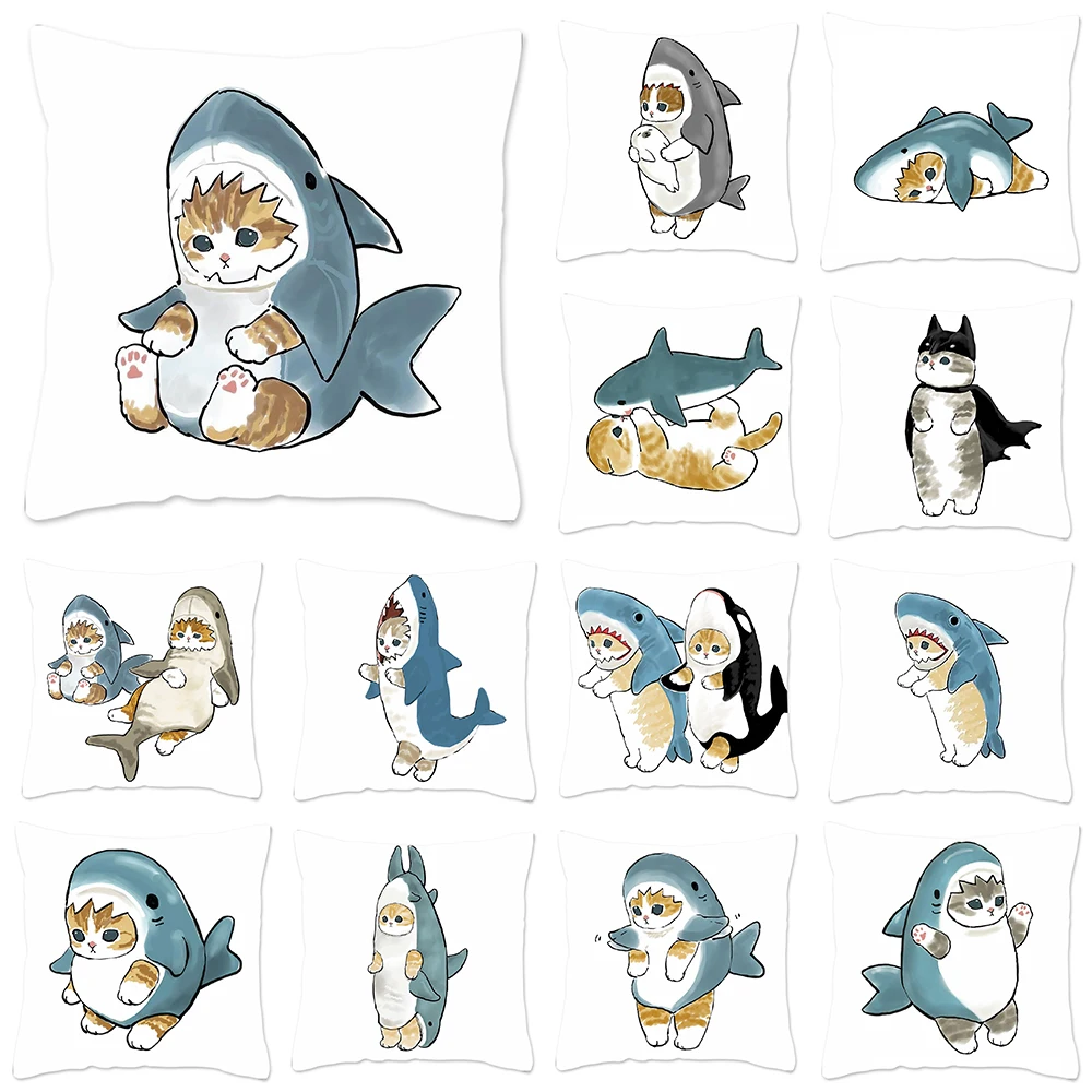 Funny Cat Shark Pillow Case Home Decoration Polyester Pillow Cover for Sofa Kawaii Cushion Cover Fundas Cojines 45 X 45cm