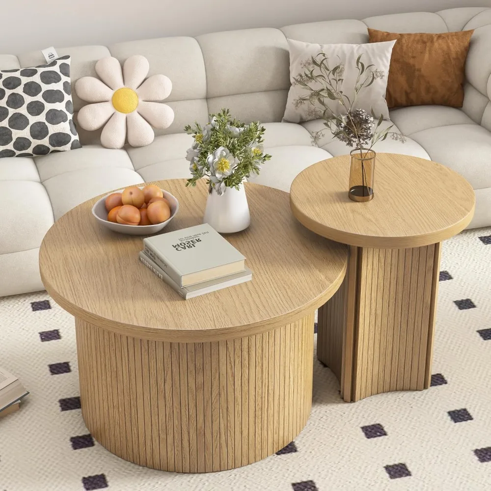 Ensemble de 2 tables basses gigognes rondes, table basse ronde avec finition en bois, table basse empilable, table de salon