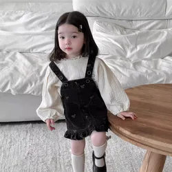 Baby Girls Clothes 2025 Autumn Infant Solid Lantern Sleeve Loose Shirts Or Bow Denim Suspenders Skirt Toddler Kids Girls Outfits