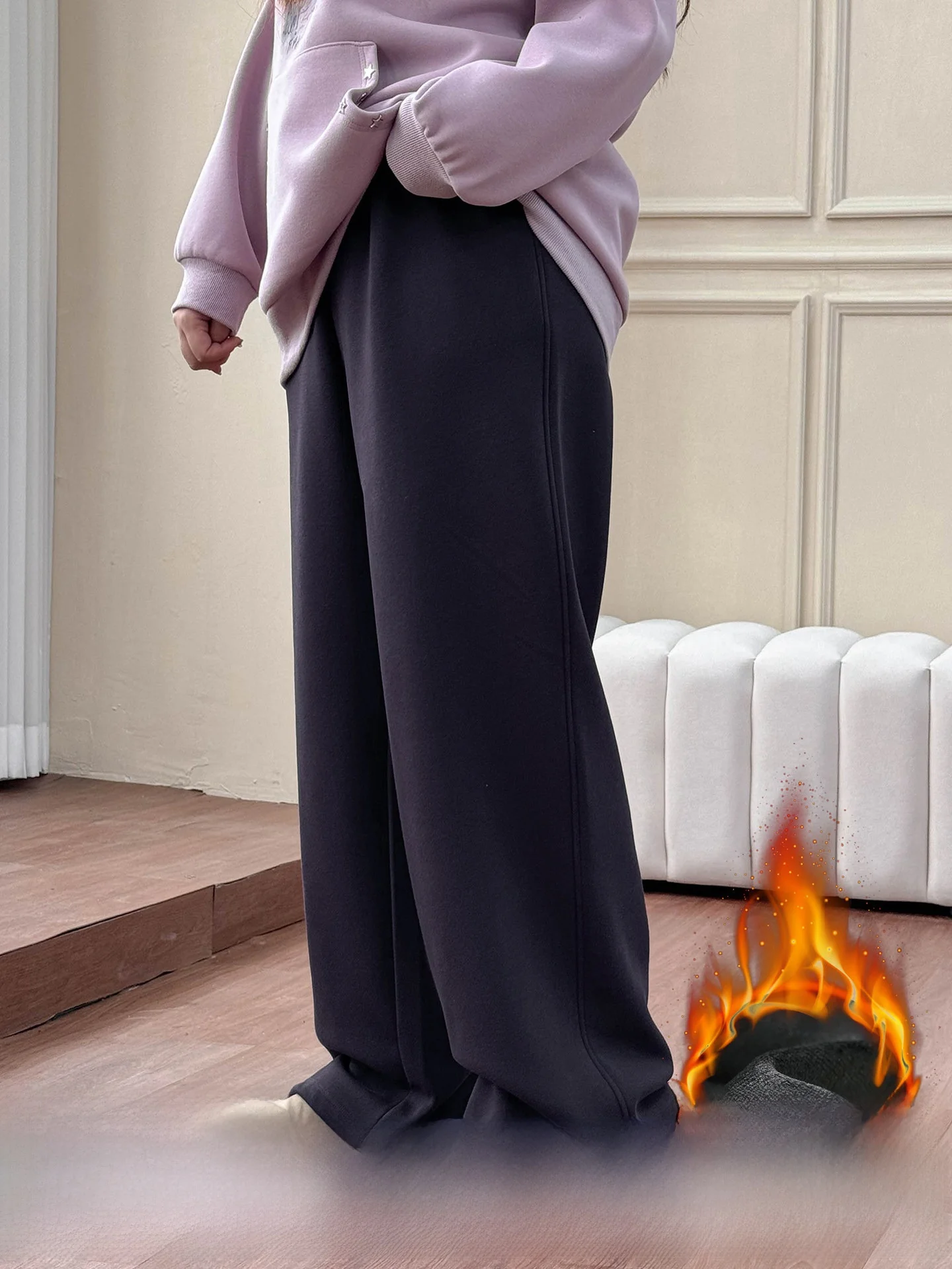 

plus Size Women's Fleece Lined Straight Leg Pants High Waist Wide Leg Trousers Casual Comfortable Spring Season Fashion