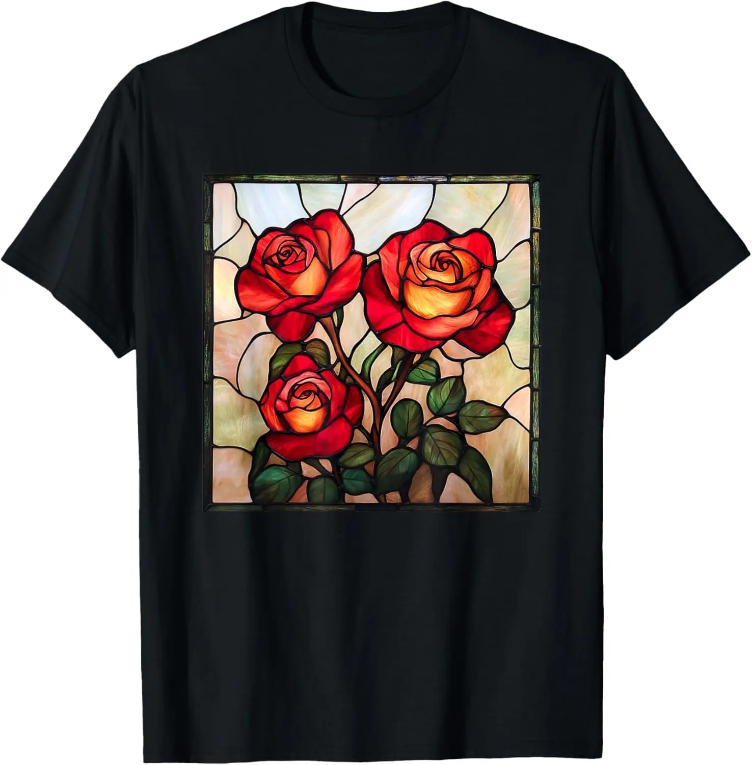 Roses Rose Flower Floral Stained Glass Pattern Print T-Shirt