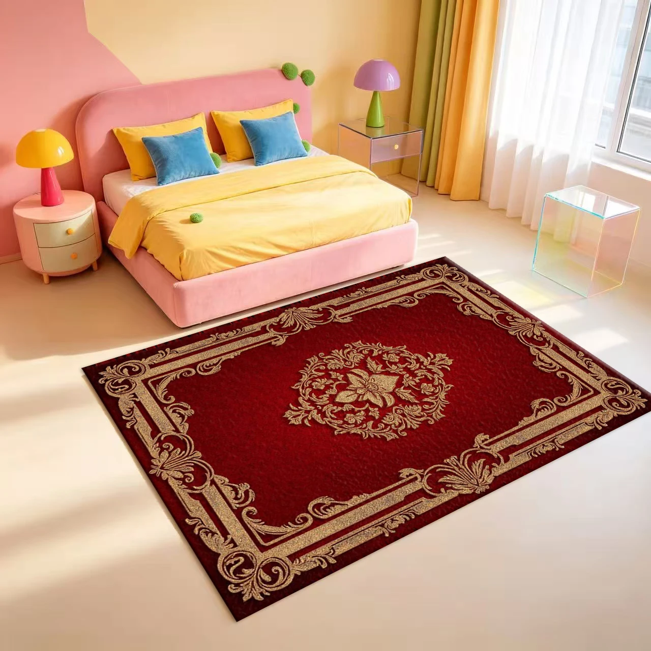 Luxury Red Gold European Baroque Border Pattern Carpet Flooring Retro Noble Art Area Rug For Home Indoor Floor Decor