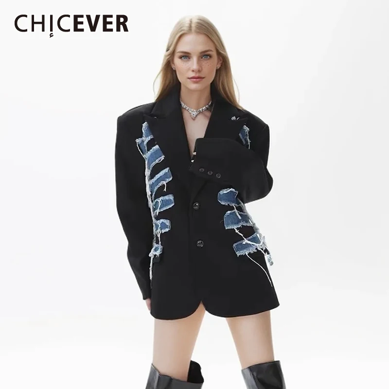 

CHICEVER Hit Color Patchwork Denim Loose Bazer For Women Notched Long Sleeve Spliced Button Temperament Blazers Female Fashion