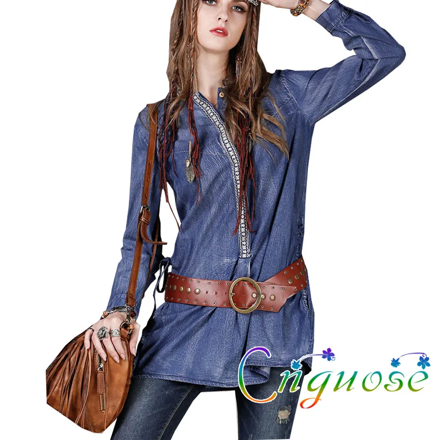 2023 Spring women's clothing offer free shipping Denim Vintage Retro Casual Long Sleeve Women's t-shirt Asymmetric Jeans Top