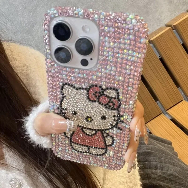Hello Kitty Strass Bling Kristal Telefoonhoesje Keten voor IPhone 16 12 13 14 15Pro Max X Xs XR 2 3 10 Transparante Bumper Cover