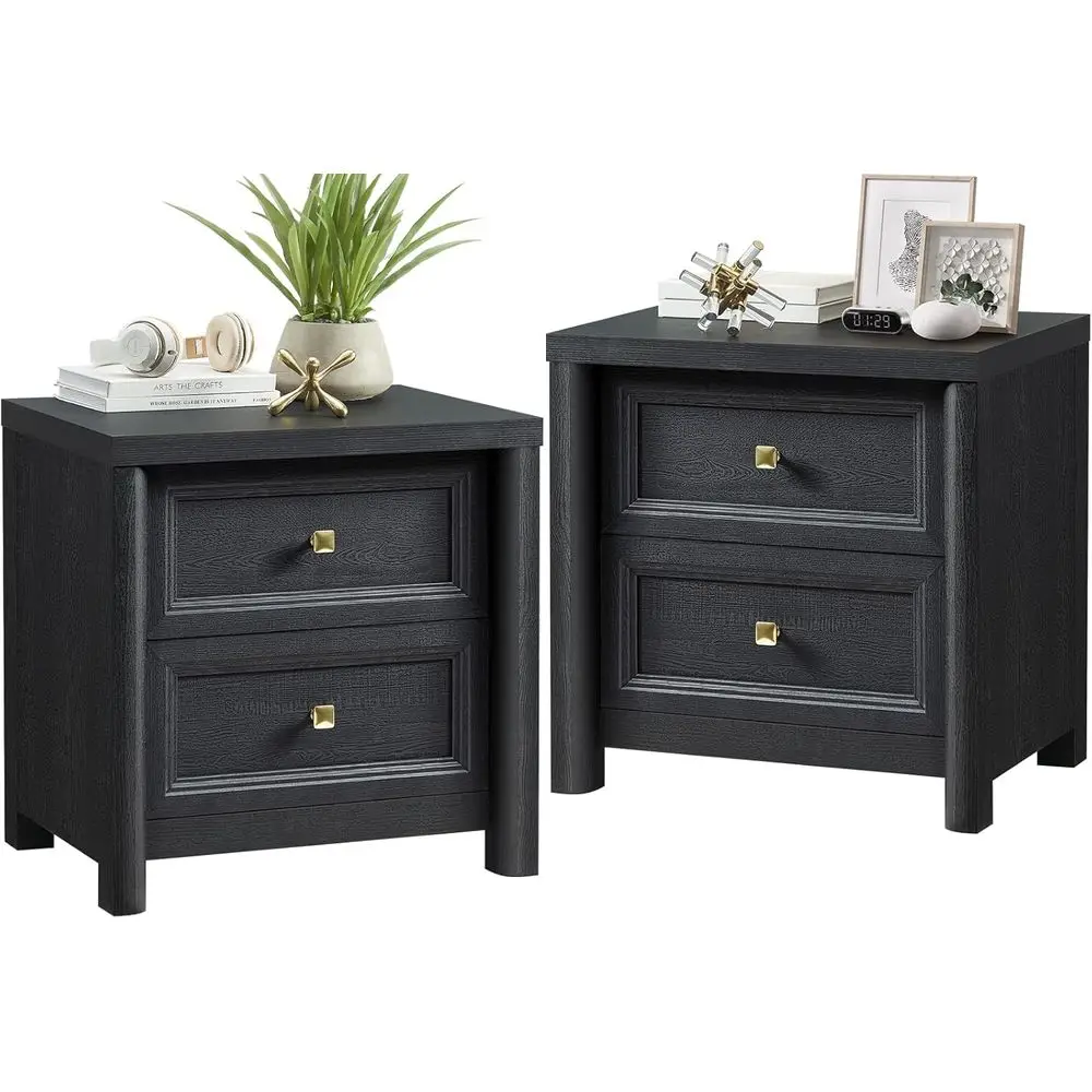 

Pair of Modern Nightstands in Black and Gold, 23.3 Tall with Drawers, Wooden Bedside Tables