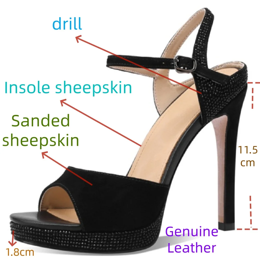 【JOCHEBED HU】New Summer Simple Handmade Genuine Leather round Head Waterproof Platform Rhinestone Open Toe Sexy Ultra Heel 33-40