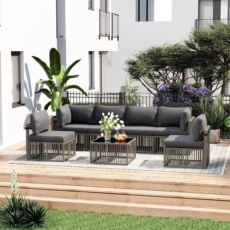 Pamapic 7-Piece Outdoor Sectional Sofa Set, All-Weather PE Rattan Patio Furniture with Washable Cushions Covers, Gray Cushions
