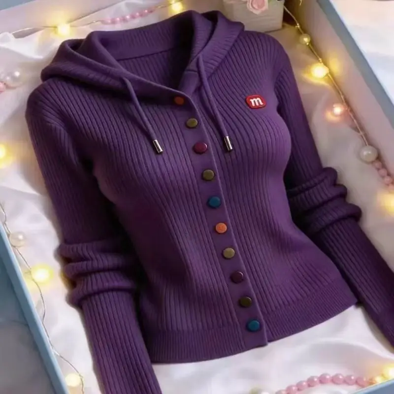 Loose and Comfortable Casual Knitted Cardigan Spring and Autumn Western Style Hooded Knitted Sweater 4
