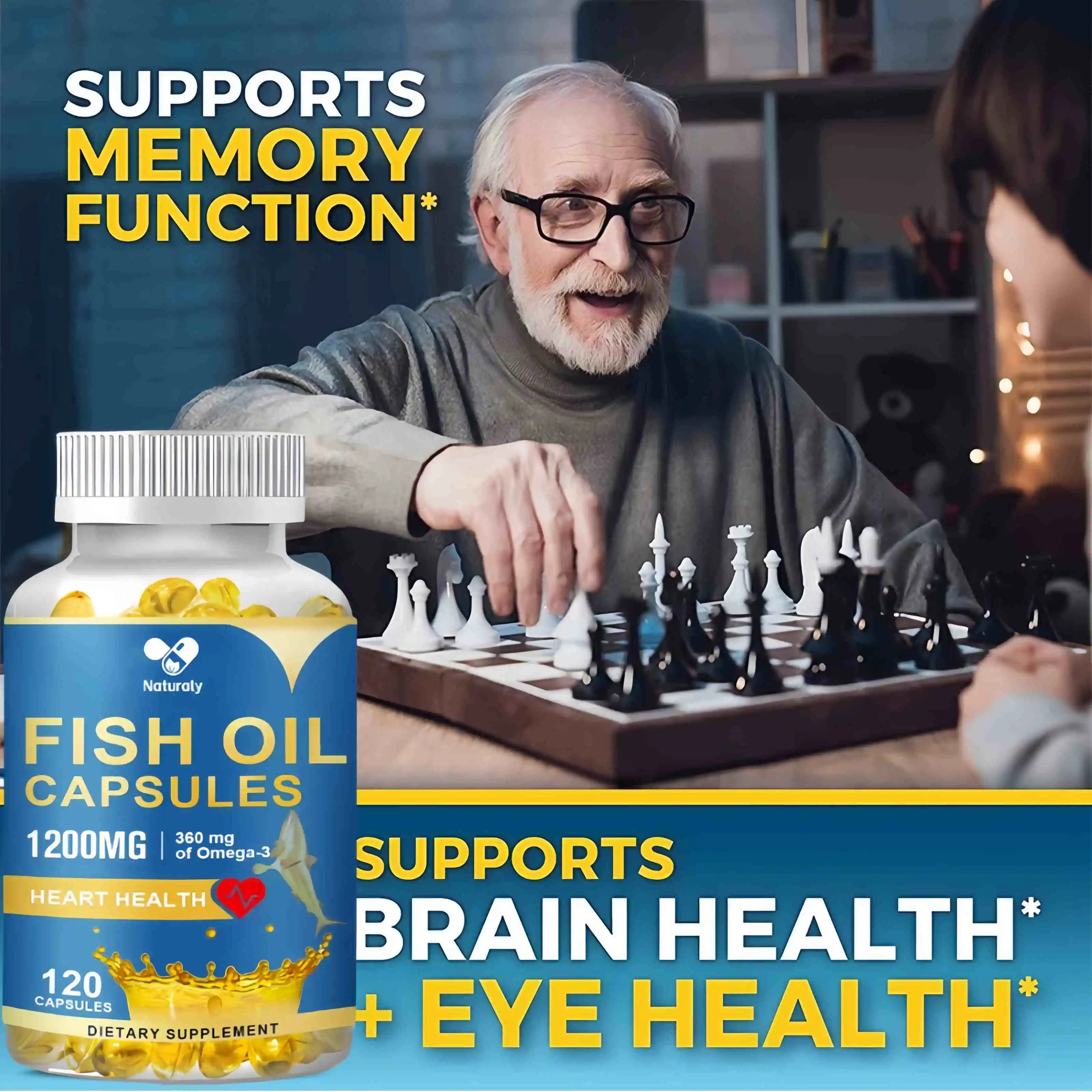 Fish Oil Capsules Supplement Rich Anti-aging Skin Eyes Heart Brain Health Support Immune System