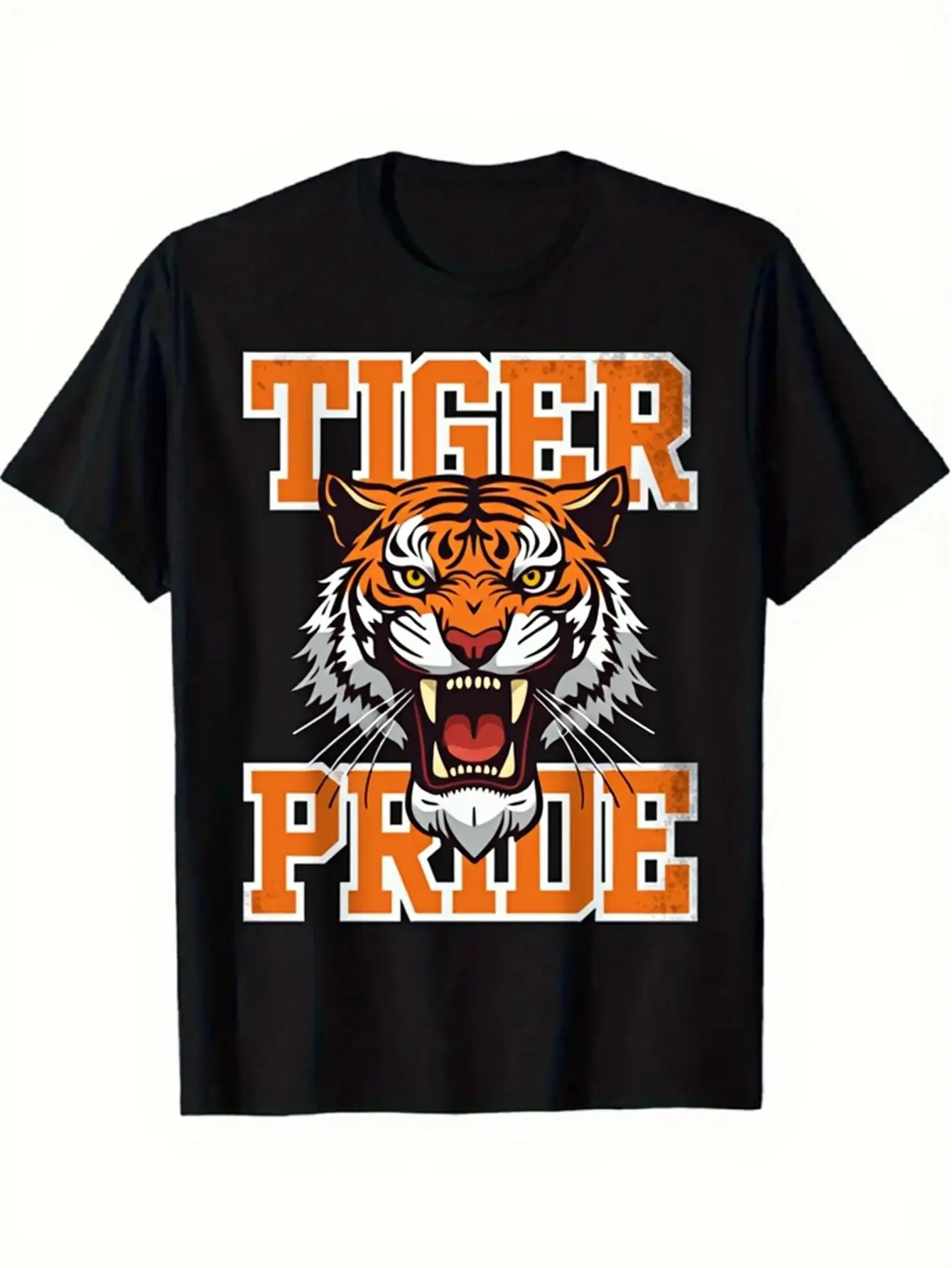 Sporty Men's Black Graphic T-Shirt Tiger Pride Roaring Tiger Head Orange Bold Letter Print Varsity Mascot Design 100% Cotton Heavyweight Short Sleeve Casual Streetwear Tee